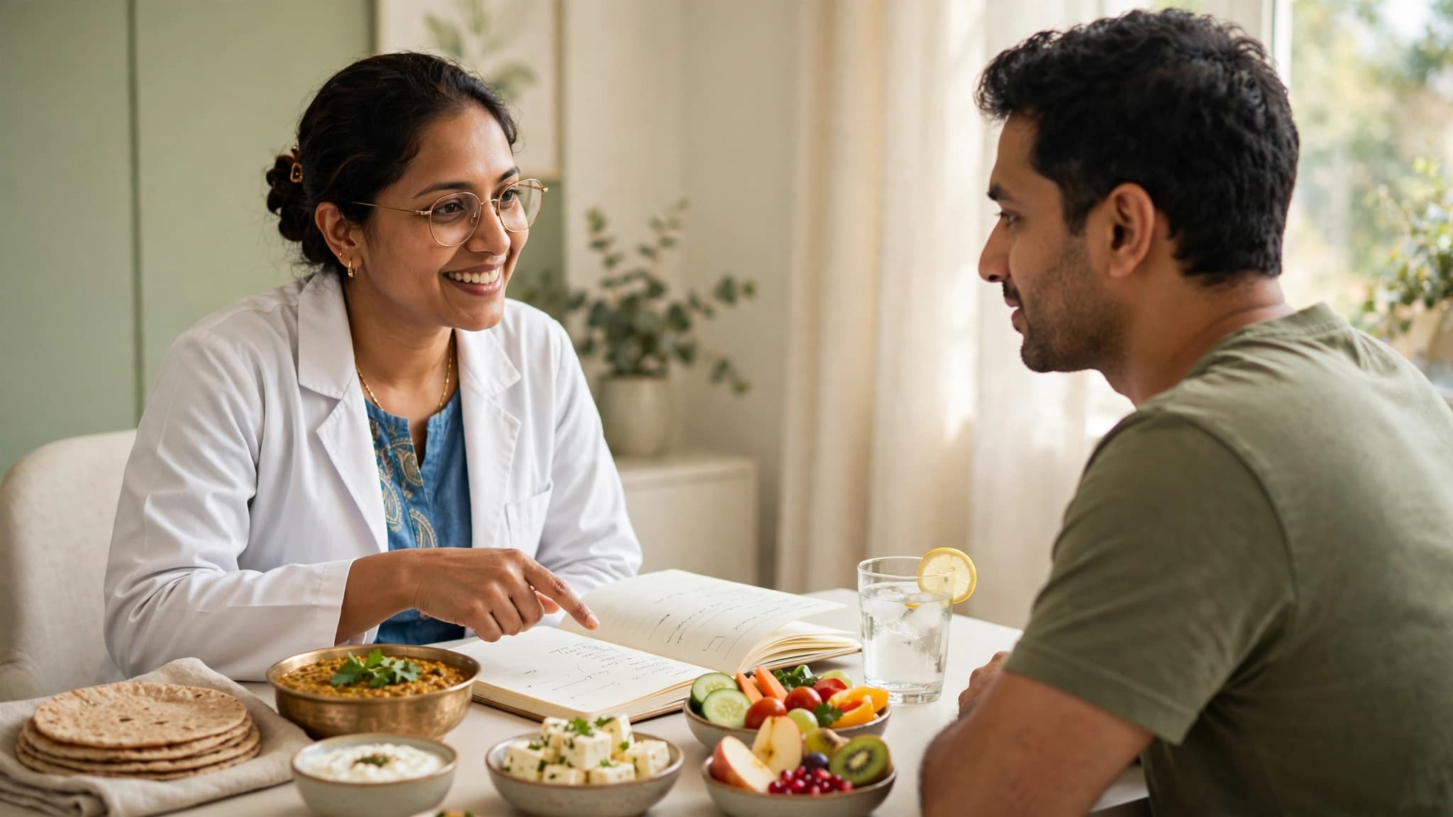 Dietitian discussing a personalized diet plan with a client using healthy Indian foods