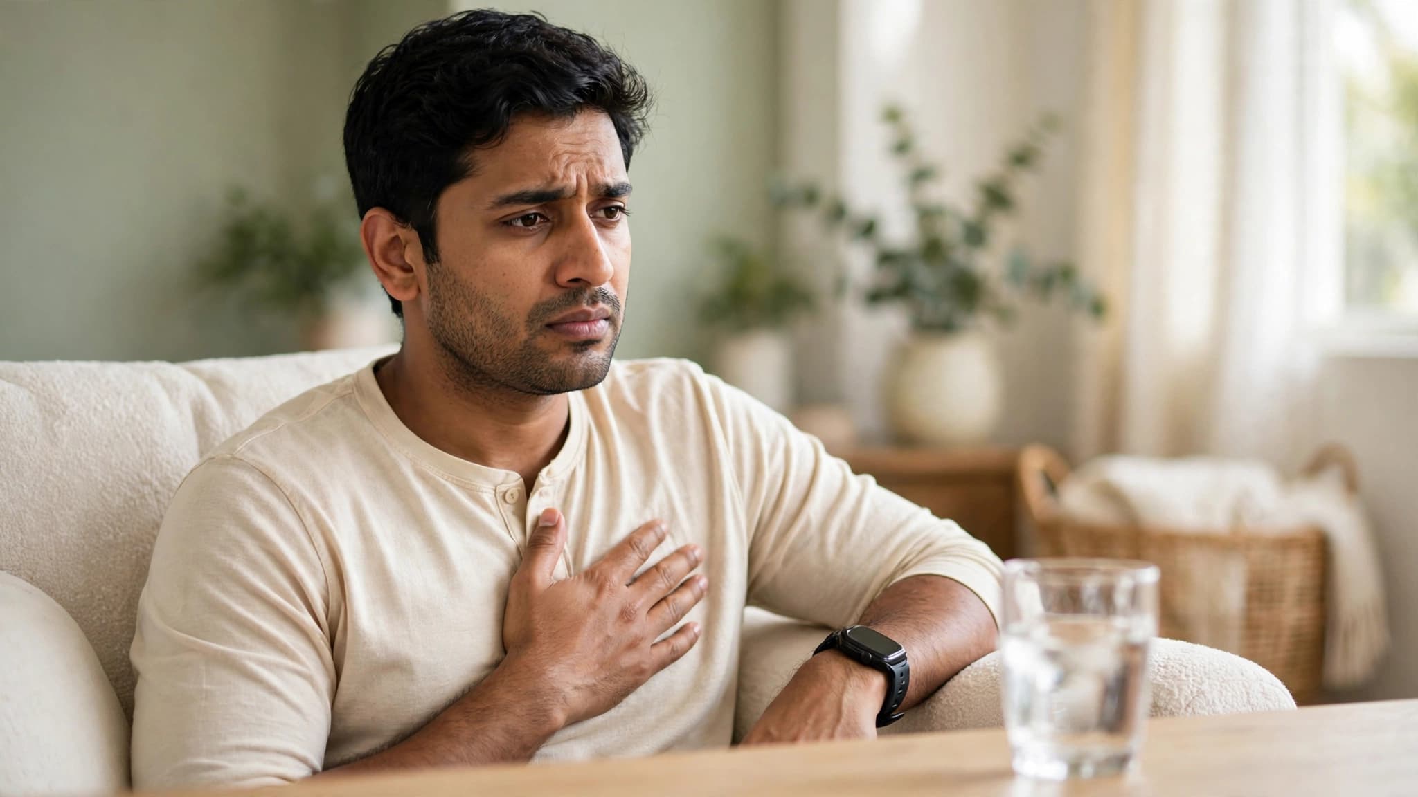Person feeling a fast heartbeat with hand on chest, explained by Dr. Manish Sharma
