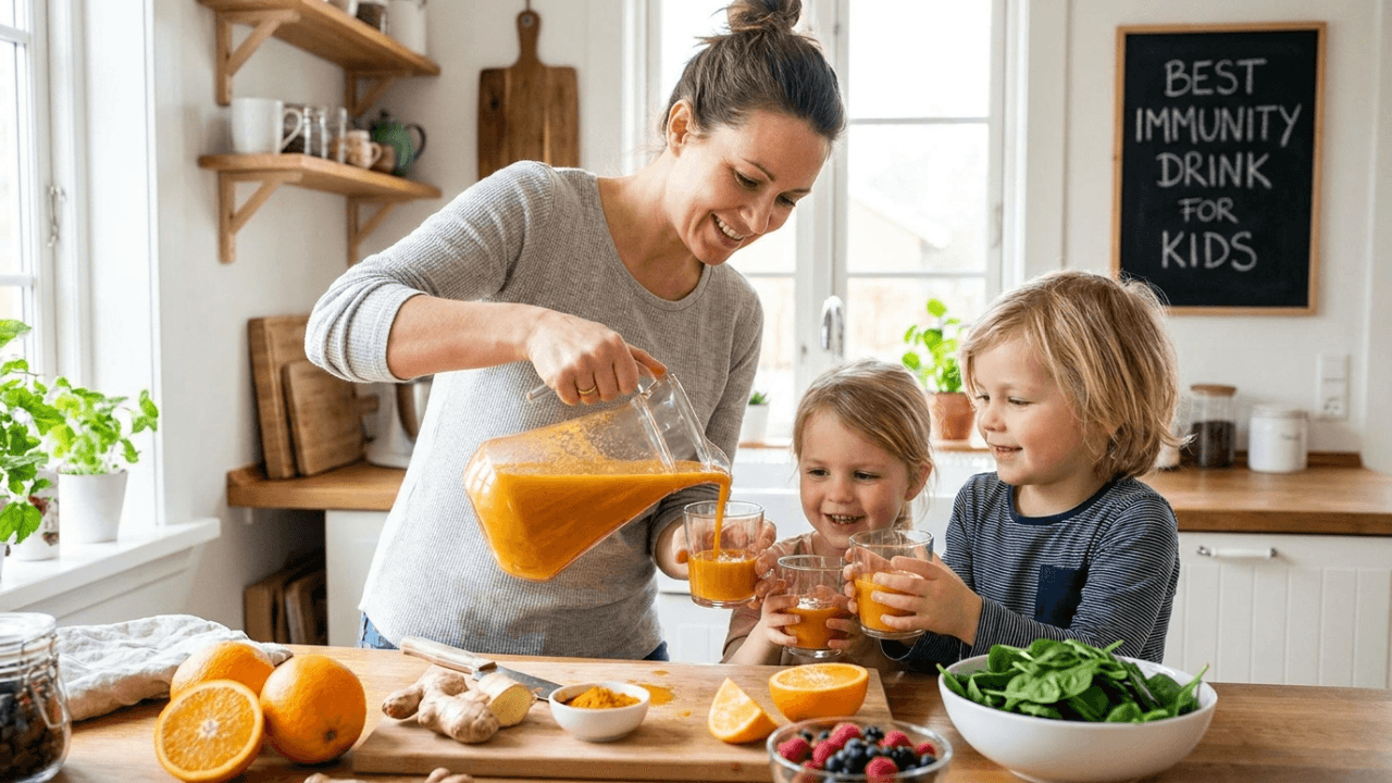 Best immunity drink for children - glass of golden turmeric milk and berry smoothie with fresh fruits and spices on a table