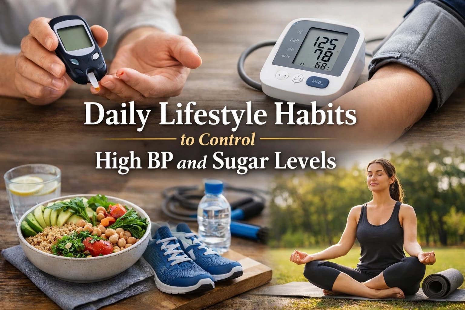 Person checking blood pressure at home with healthy food and glucose monitor nearby