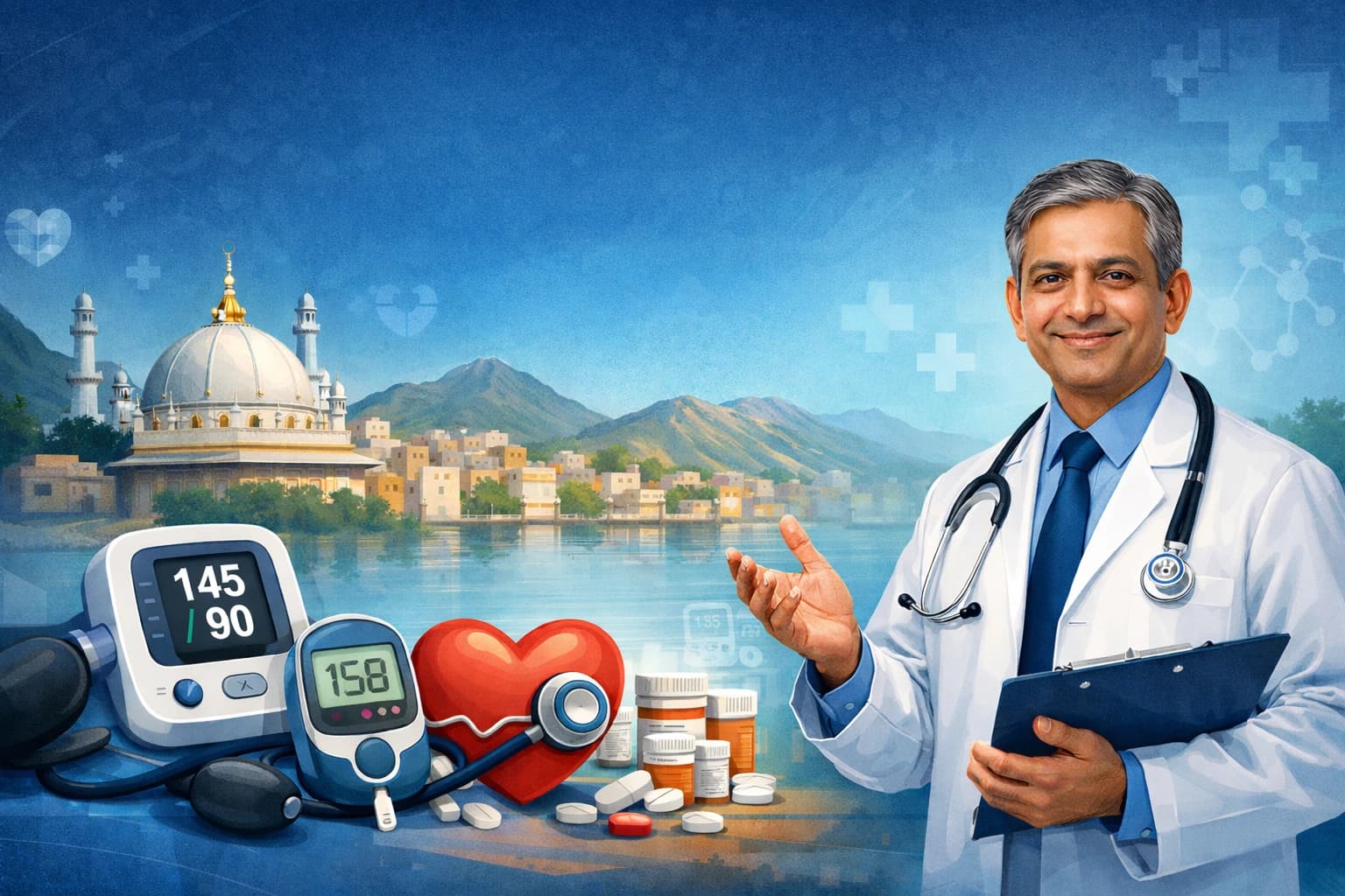 Dr. Manish Sharma checking a patient's blood pressure in Ajmer